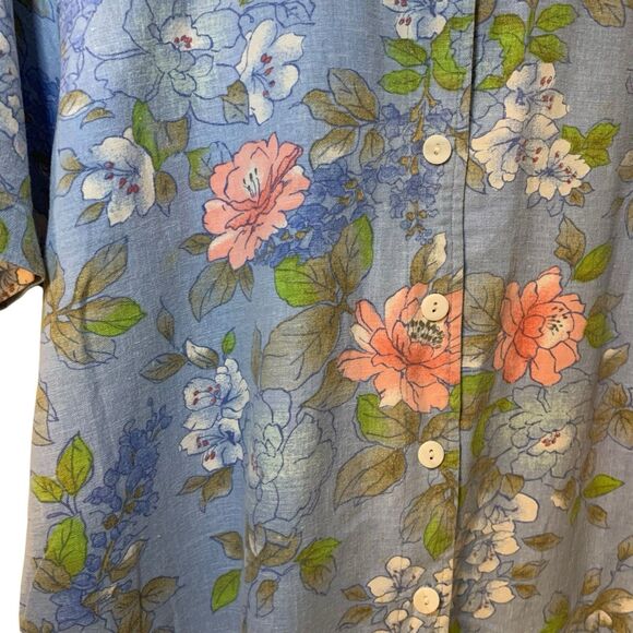 Erika Womens Pink Floral Short Sleeve Button Up Linen Blend Boho Top L Vacation - Picture 2 of 6